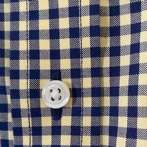 Brooks Brothers Men's Navy and Yellow Plaid Button Up Collared Shirt